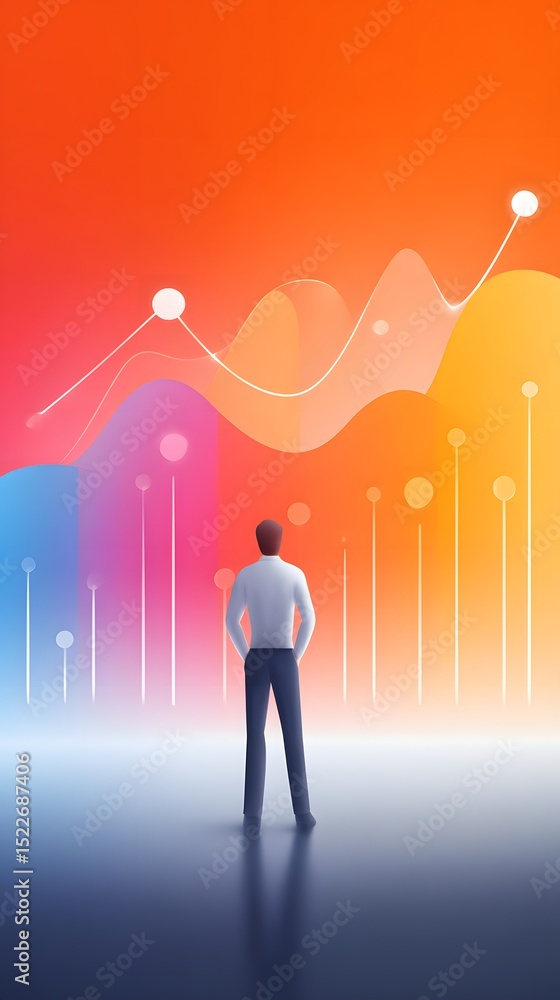 Poster a person stands before colorful abstract data charts, analyzing upward trends and statistics in a vi