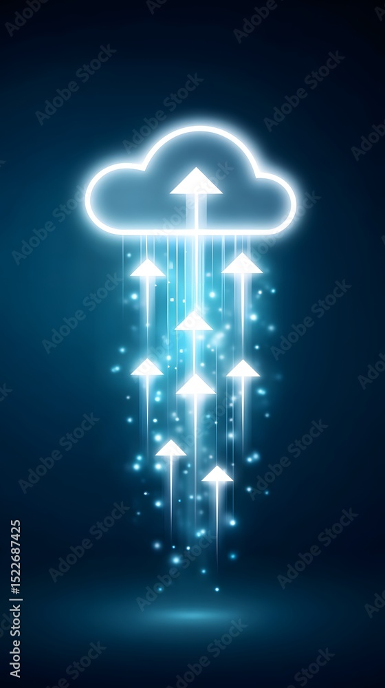 Poster glowing cloud icon with upward arrows symbolizes cloud computing, data upload, or digital storage on
