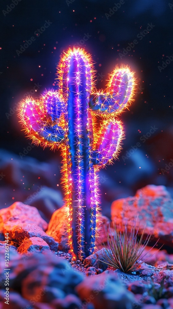 Poster neon cactus set illuminating a minimal creative landscape at dusk