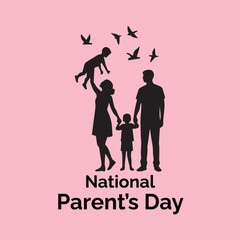 Happy National Parent’s Day Vector Illustration – Silhouette of Loving Family with Children on Pink Background

