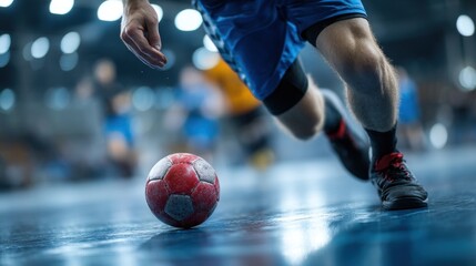 Male handball player reaching for red ball during match on indoor court in sharp focus foreground. Concept of agility, sports motion, speed, grip, and competitive handball action.