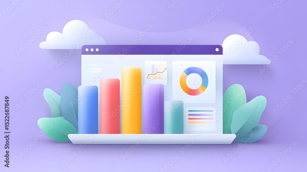 Poster a colorful 3d illustration of a data analytics dashboard with bar and pie charts, set against a soft
