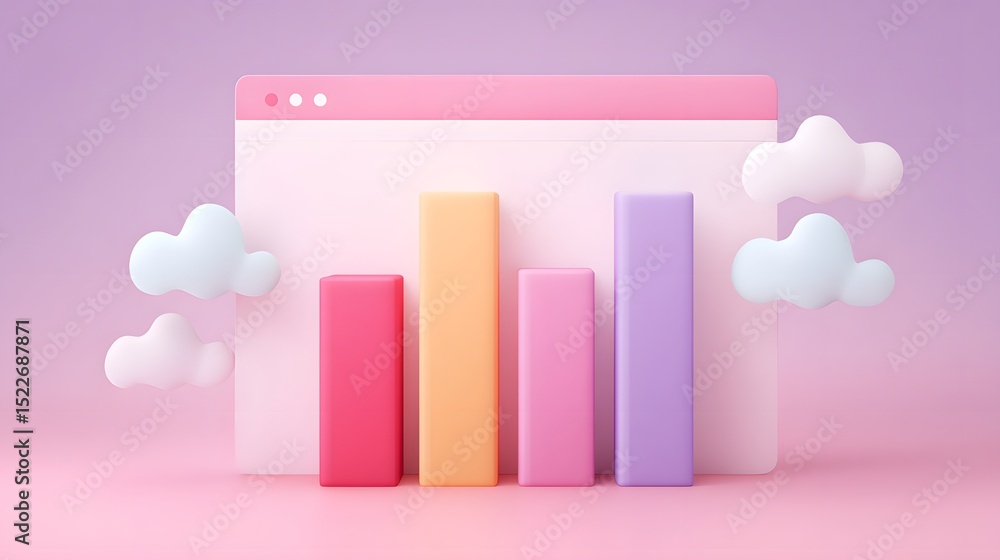 Poster a pastel-colored 3d bar graph stands in front of a web browser window with clouds, on a soft pink an