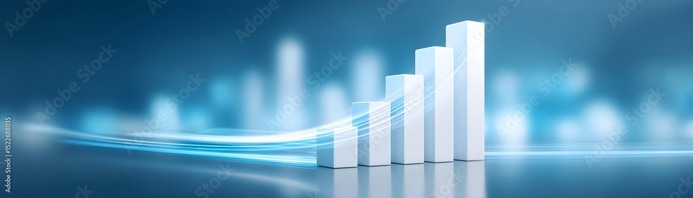 Poster a 3d bar chart with five ascending columns on a blue background, symbolizing growth, progress, and s