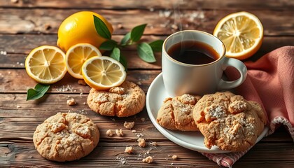Steaming coffee, lemon slices, crumbly cookies on rustic wood,   macro,  sunlight