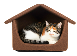 cat relaxing in mustard yellow felt cave bed isolated on transparent background
