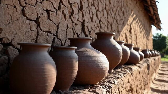 Clay pots drying in the sun against a mud wall