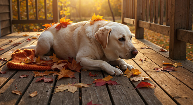Labrador dog resting on wooden deck with autumn leaves around  