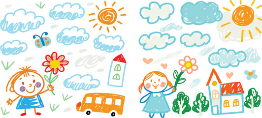 Print  Cute kid flower, cloud, summer illustration. Hand drawn doodle sketch children cute vector school chalk background. 