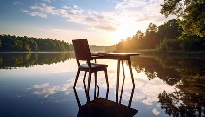 Sunrise Serenity: Lakeside Table and Chair