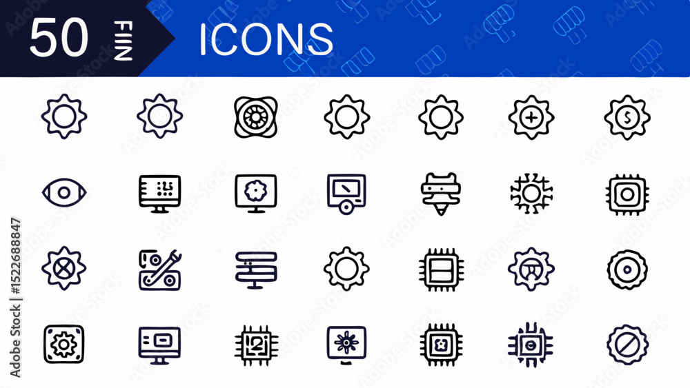 Poster a collection of fifty thin line style icons featuring gears, chips, monitors, and other symbols arra
