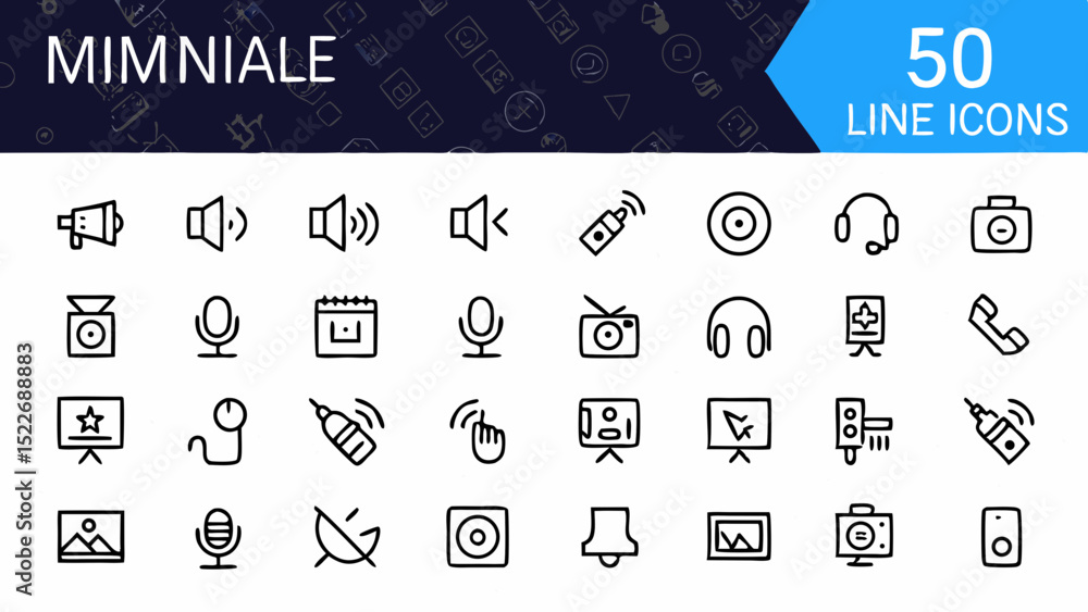 Poster collection of fifty line icons including audio visual communication and technology related symbols i