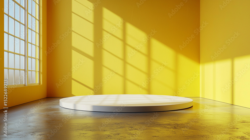 Poster empty yellow room with a circular platform and sunlight from a window