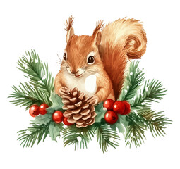 Cute Christmas squirrel with floral decoration holding a pine cone, watercolor illustration © Vanessa illustration