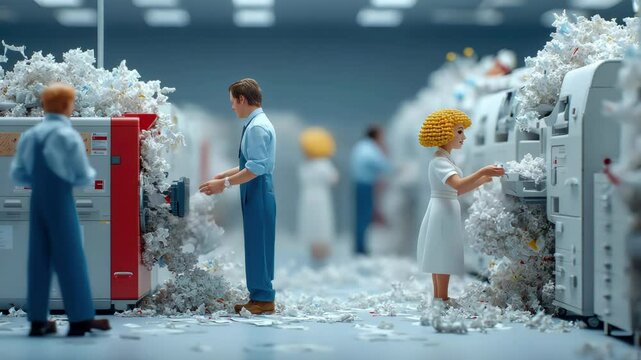 A humorous office scene shows miniature figurines overwhelmed by overflowing paper from copiers, creating a surreal mess