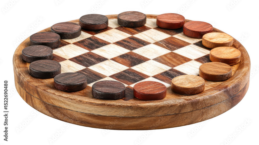 Poster checkers pieces of alternating colors are arranged on a circular wooden checkers board, set against 