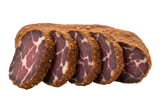 PNG cut out isolated background.  Sliced Turkish Pastirma Cured Beef. 
