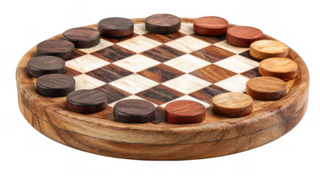 Checkers pieces of alternating colors are arranged on a circular wooden checkers board, set against a transparent background, ready for a game to begin