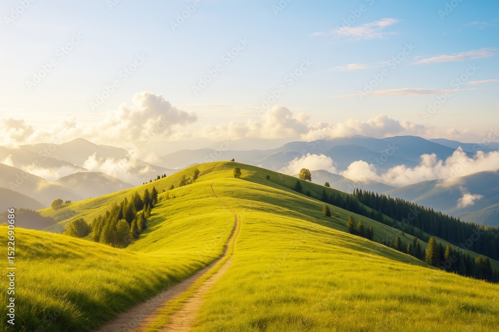 Poster scenic sunrise over rolling green hills with winding path, soft clouds, and distant mountain range i