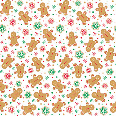 Seamless Christmas Gingerbread With Snowflakes On White Background For Gift Wrap And Fabric Print