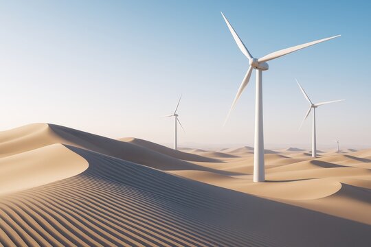 Wind turbines in desert landscape with soft sand dunes under clear sky, clean energy concept in arid environment with natural lighting and background.