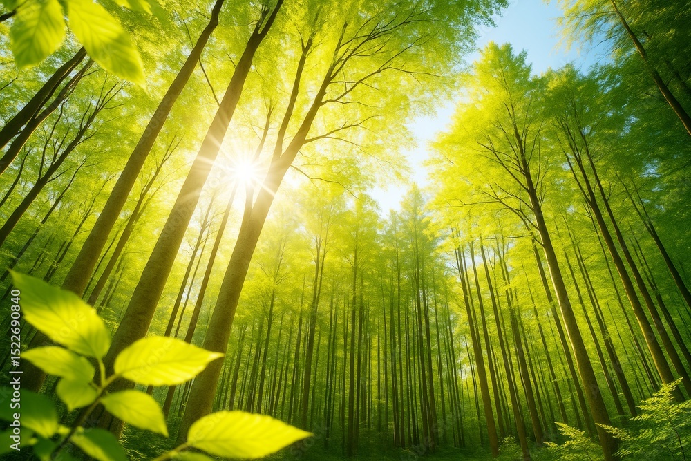 Aufkleber sunlight streaming through tall green trees in a serene forest setting with vibrant foliage and soft