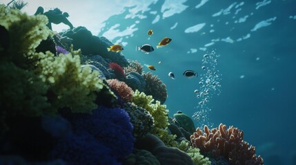 Obraz premium Vibrant Underwater Coral Reef with Colorful Fish and Bubbles Floating in Blue Ocean Marine Ecosystem