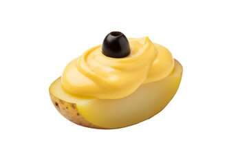 PNG cut out isolated background. Halved Potato with Yellow Sauce and Black Olive Garnish.
