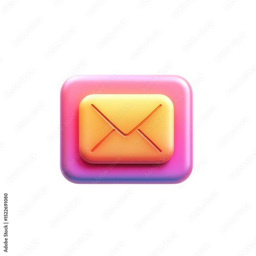 Poster golden email message icon with 3d effect on glowing rounded square on transparent background