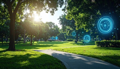Sunny park with bright, digital concentric circles floating in the air