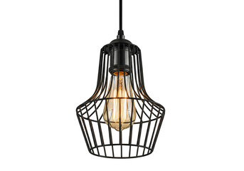 PNG cut out isolated background.  Industrial Black Wire Cage Pendant Light with Edison Bulb.
