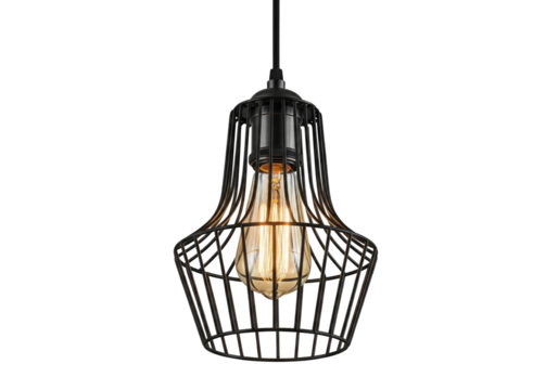 PNG cut out isolated background.  Industrial Black Wire Cage Pendant Light with Edison Bulb.
