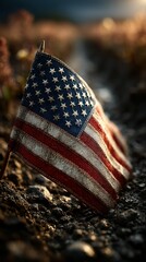 Worn American flag resting against gravel path during midday sunlight on a warm day