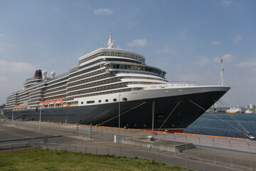 Classic ocean liner cruiseship cruise ship Elizabeth in port of Aomori, Japan with skyscraper...