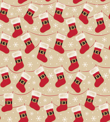 Seamless Christmas Santa Socks With Snowflakes For Gift Wrap, Paper And Fabric Print