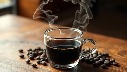  Steaming cup of dark roast coffee, rich aroma fills the air,  close-up,  beverage © Nopphawan