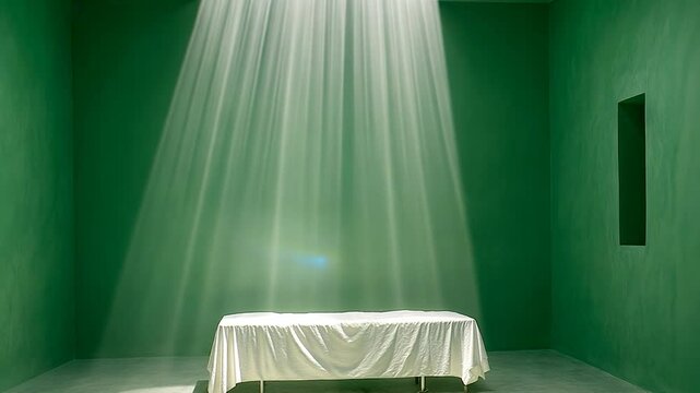 Serene Green Room Installation: Light Beams Illuminate Table