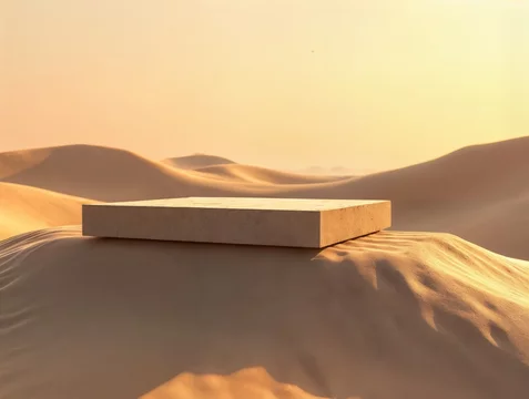 Block Display Stand atop Sand Waves at Golden Hour