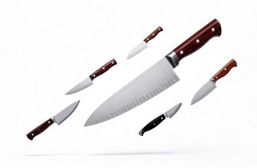 A collection of various kitchen knives floating in the air on a snow-white background.