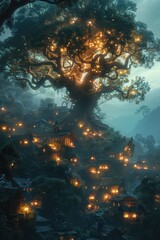Fototapeta premium A peaceful village nestled in the mountains, where villagers gather around a sacred tree that glows with a mysterious light, symbolizing ancient wisdom. 