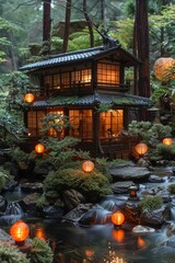 A traditional Japanese tea house surrounded by enchanted forest creatures and glowing lanterns, creating a magical evening scene.