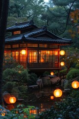A traditional Japanese tea house surrounded by enchanted forest creatures and glowing lanterns, creating a magical evening scene.