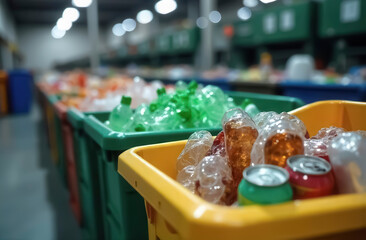 Containers with sorted garbage. such as plastic bottles and aluminum cans
