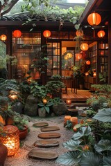 A traditional Japanese tea house surrounded by enchanted forest creatures and glowing lanterns, creating a magical evening scene 