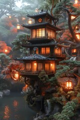 A traditional Japanese tea house surrounded by enchanted forest creatures and glowing lanterns, creating a magical evening scene 