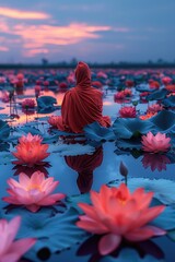 A tranquil monk in a mystical garden, with giant lotus flowers and serene water reflections under a twilight sky