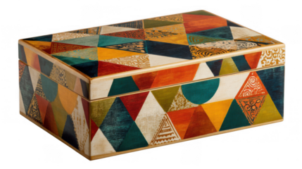 Closed wooden box displaying a vibrant geometric pattern of triangles and circles, isolated on a transparent background, ideal for unique designs or storage solutions