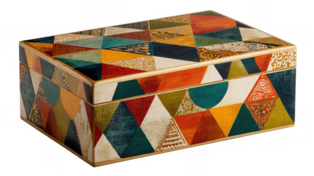 Closed wooden box displaying a vibrant geometric pattern of triangles and circles, isolated on a transparent background, ideal for unique designs or storage solutions