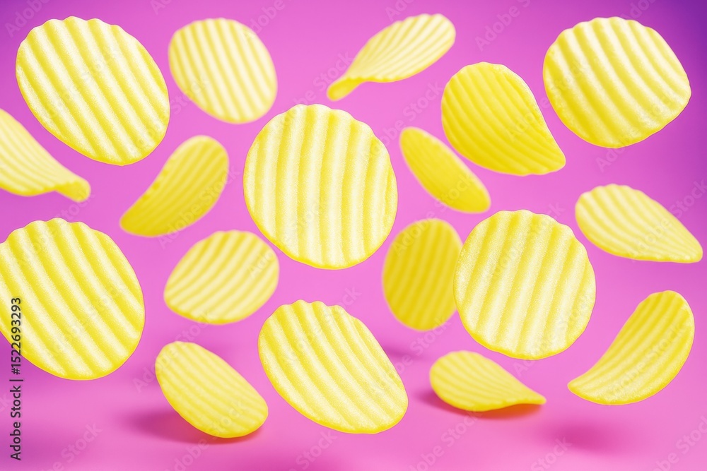 Poster floating yellow ridged potato chips on vibrant pink background in abstract colorful composition with