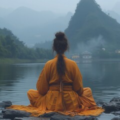 an asian monk praying devoutly by the river, putout in the air